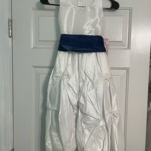 Elegant White Dress with Navy Sash